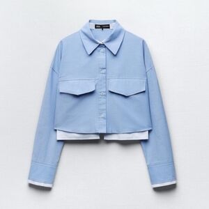 ZARA Contrasting Oxford Cropped Light Blue Collared Shirt Large